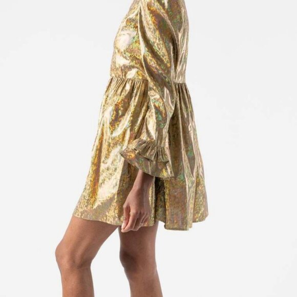 BATSHEVA Prairie ruffled holographic lamé mini dress gold size extra small 0 - Picture 8 of 12